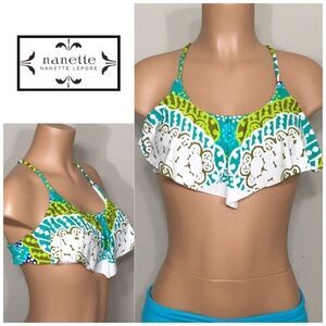 Nanette Lepore multicolored flutter bikini top. NWOT